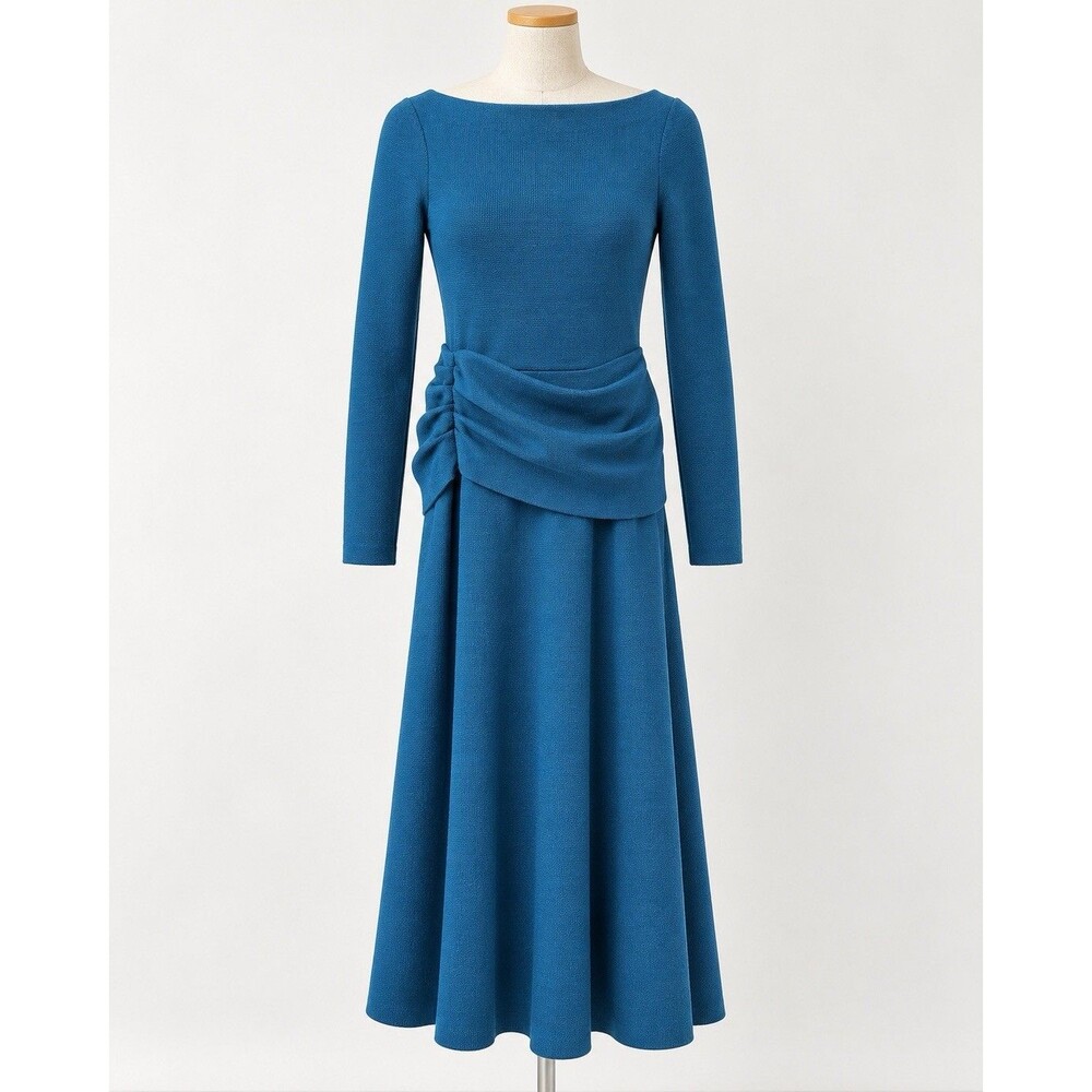 The Fold London Camelot Dress US 6 Blue Wool Knit Ruched Waist Long Sleeve Midi